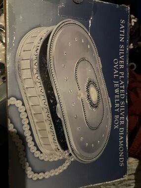 Satin Silver Plated Oval Jewelry Box with Rhinestone Accents